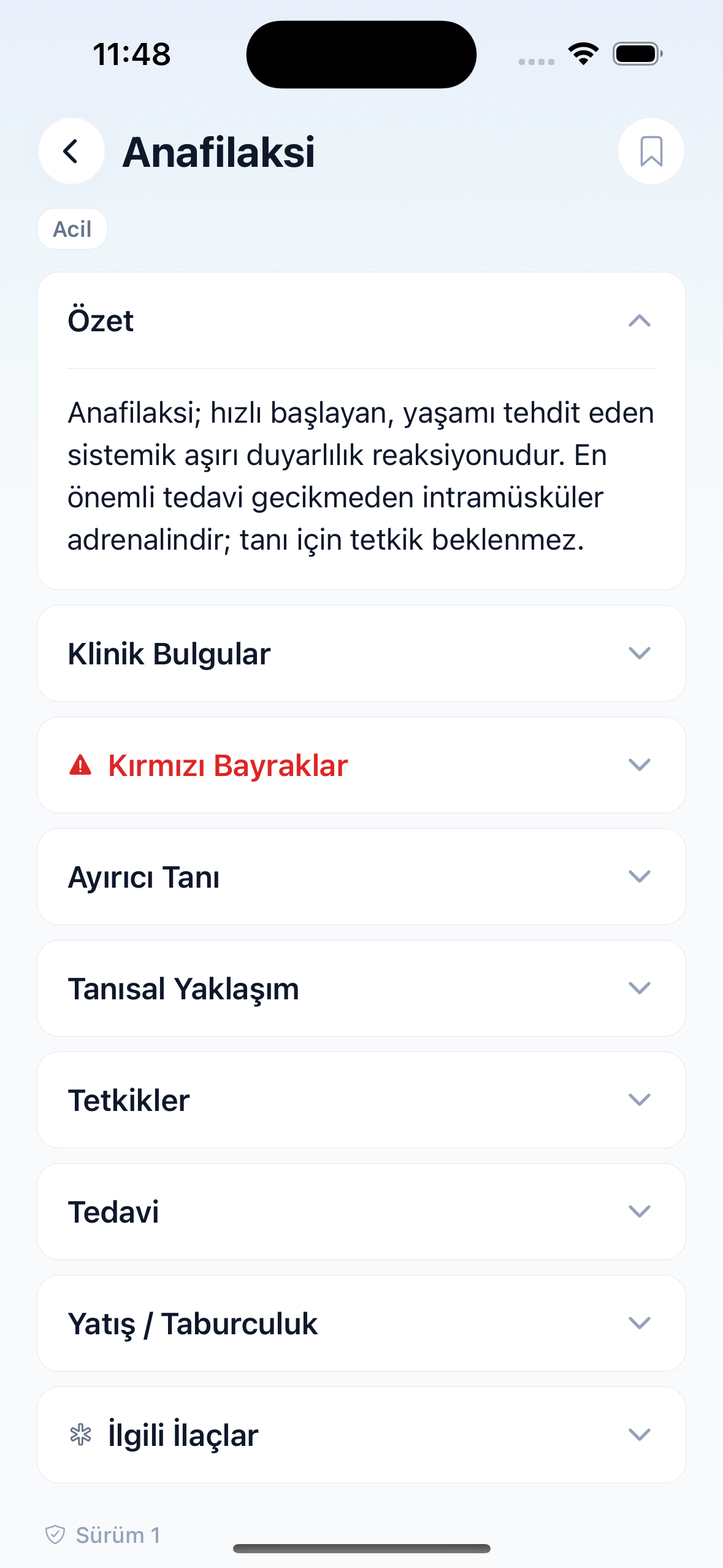 Hastalık detay ekranı — Anafilaksi